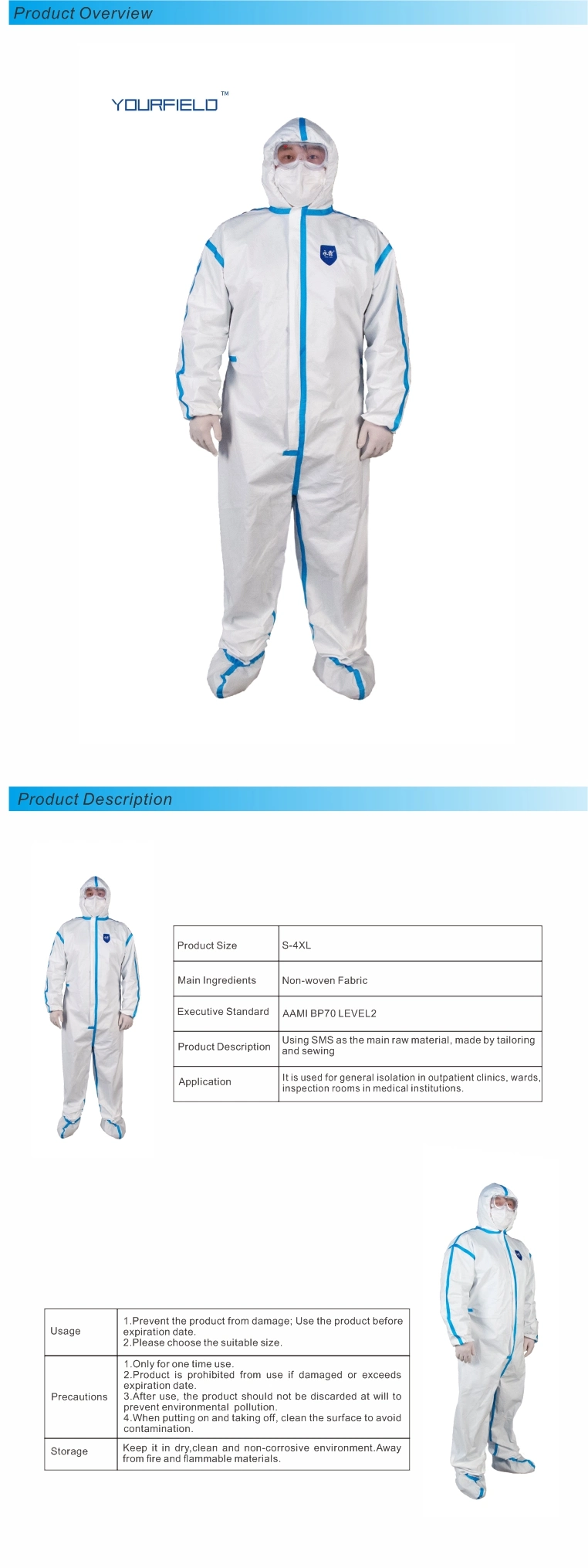 GB19082 65GSM SMS White Coverall Disposable PPE Protective Suit for Hospital