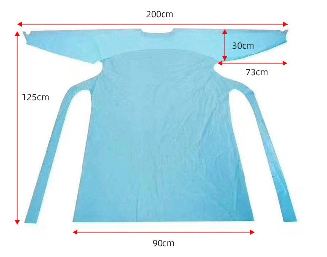 Long Sleeve Disposable Waterproof Non Woven Plastic Isolation Suit HDPE Disposable Apron CPE Protective Gown with Thumb Loop